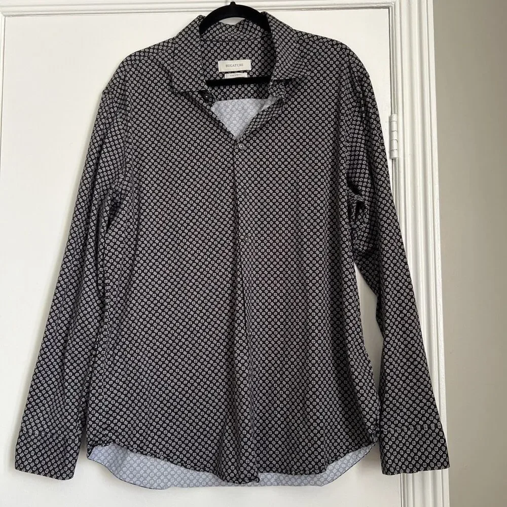 BUGATCHI Sz XL Men's Long Sleeve Button Down Gray 8-way Stretch EXCELLENT